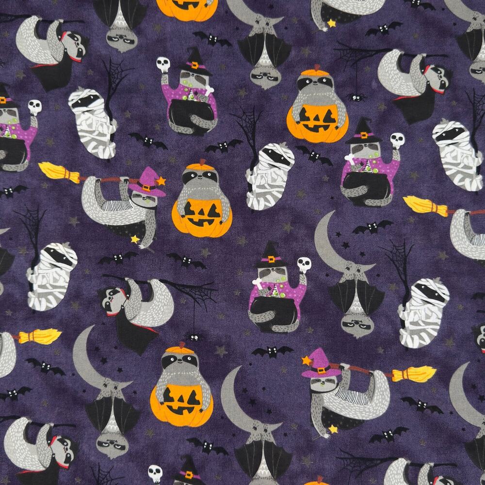 Sloths in Halloween Witch, Mummy, Pumpkin Costumes Cotton Fabric - 1/2 Yard